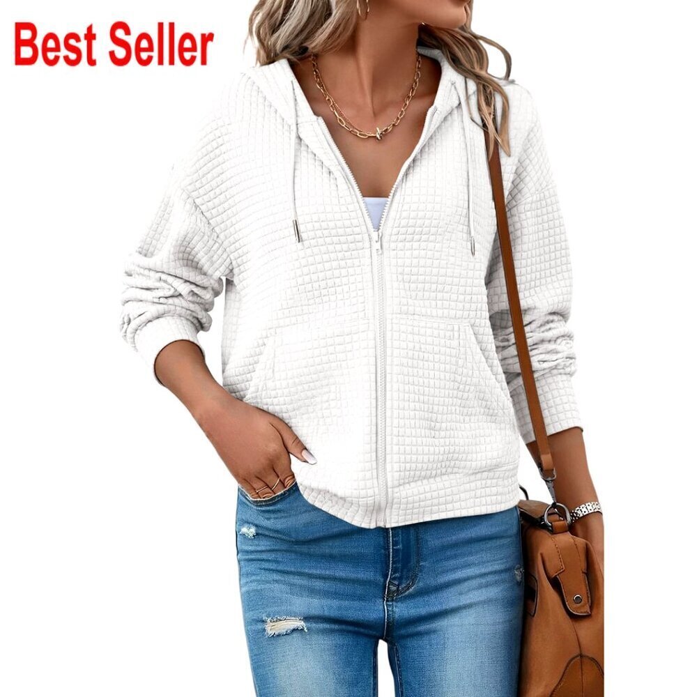 Oversized Waffle Knit Zip Hoodie, Women's Lightweight Casual Sweatshirt